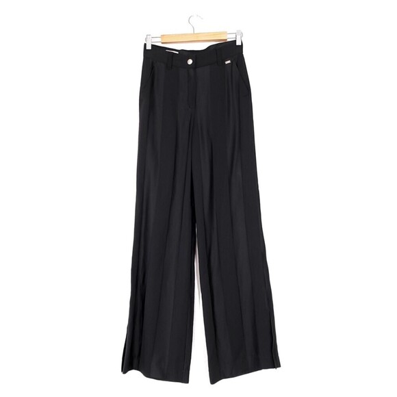 ESCADA Wool Wide Leg Trouser Split Hem Dress Pant Black Satin Stripe Old Money - Picture 1 of 15